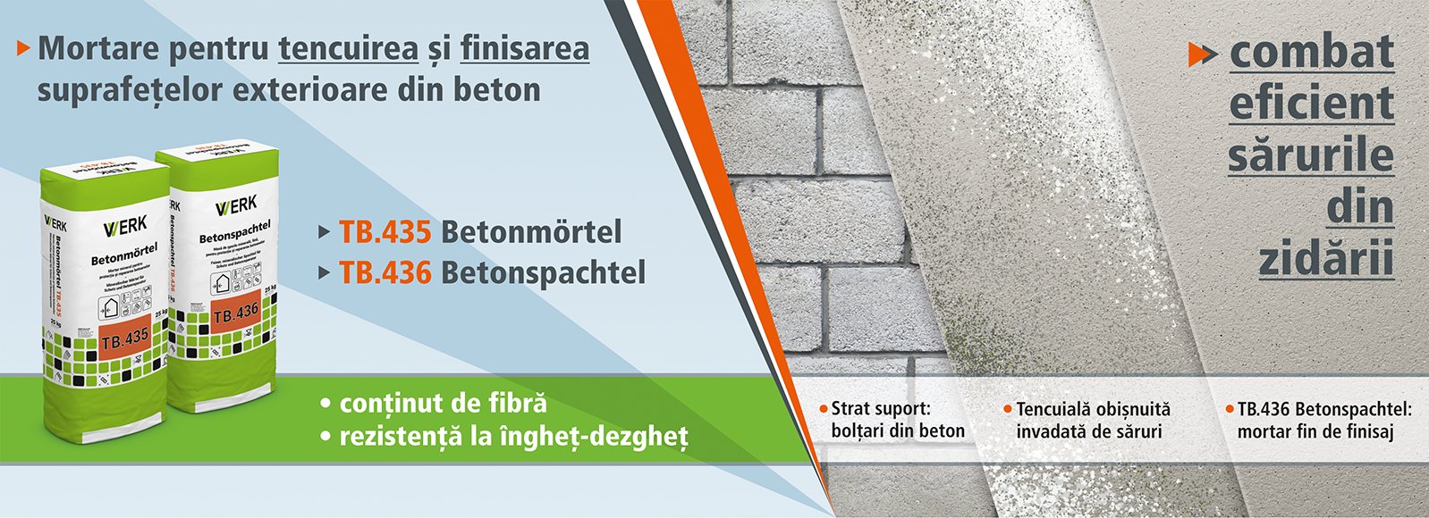 Mortare pentru tencuirea și finisarea suprafețelor exterioare din beton. TB.435 Betonmortel, TB.436 Betonspachtel. Conținut de fibră. Rezistență la îngheț-dezgheț. Combat eficient sărurile din zidării. Strat suport: bolțari din beton. Tencuială obișnuită invadată de săruri. TB.436 Betonspachtel: mortar fin de finisaj.